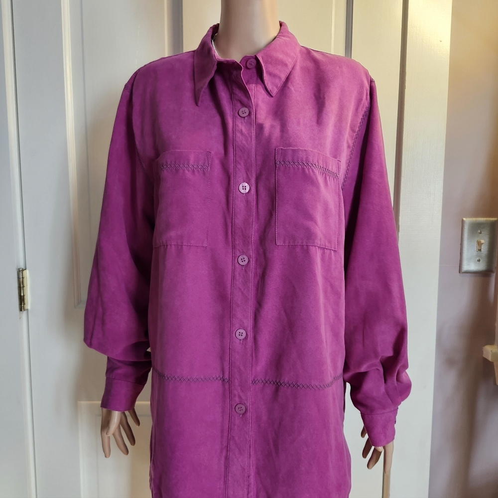 ​Alfred Dunner Size 18 Magenta Pink Faux Suede Button-Up Shirt Blouse Jacket